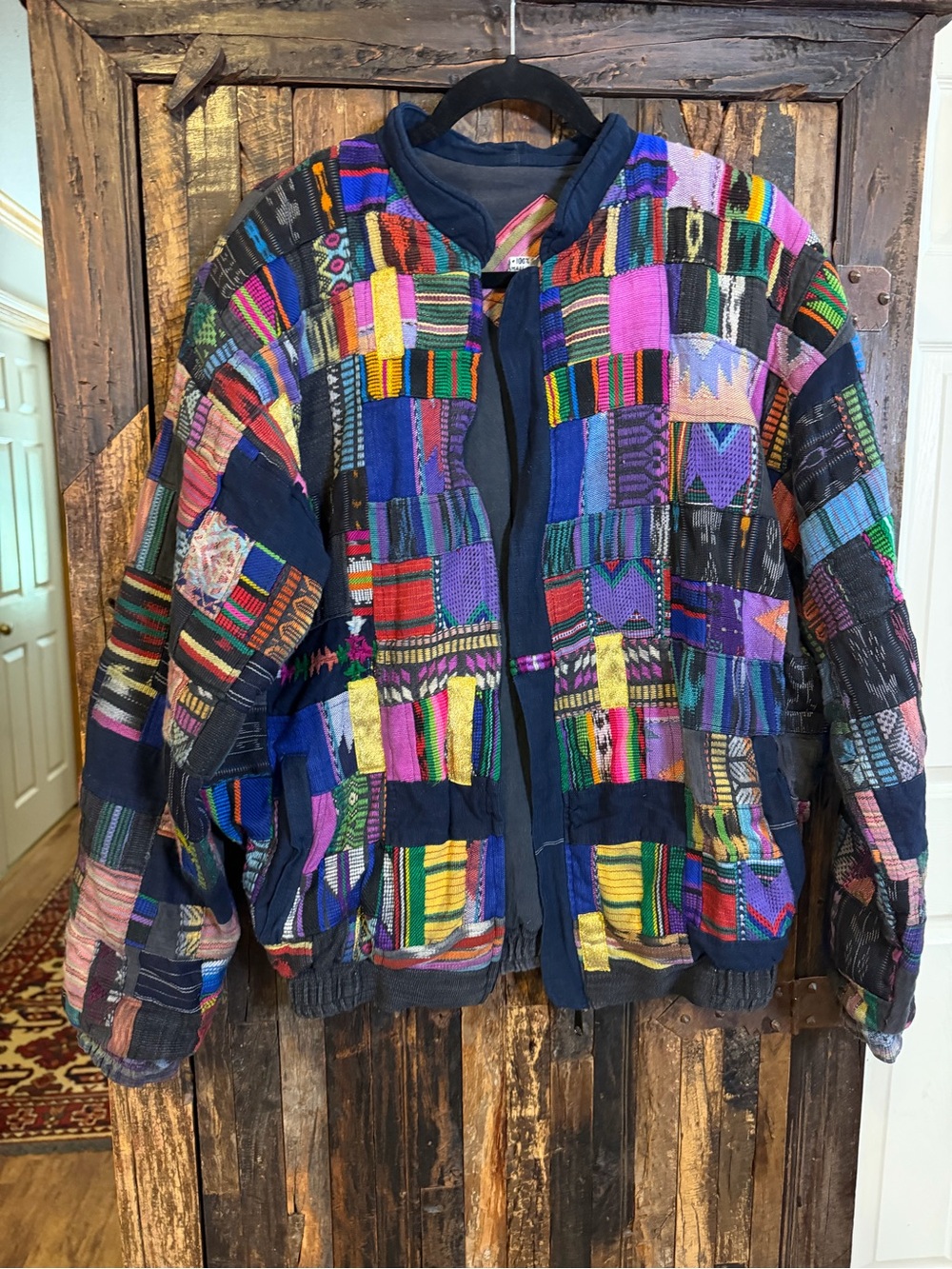 90s VTG Patchwork Jacket XL Cotton Boho Hippie Colorful Woven art grunge